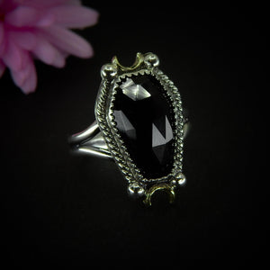 Rose Cut Black Onyx Coffin Ring - Size 8 to 8 1/4 - Sterling Silver - Halloween Jewellery - Faceted Onyx Crescent Moon - Witch Gothic Stone