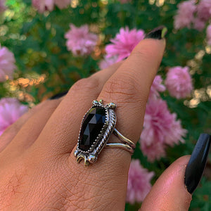 Rose Cut Black Onyx Coffin Ring - Size 8 to 8 1/4 - Sterling Silver - Halloween Jewellery - Faceted Onyx Crescent Moon - Witch Gothic Stone