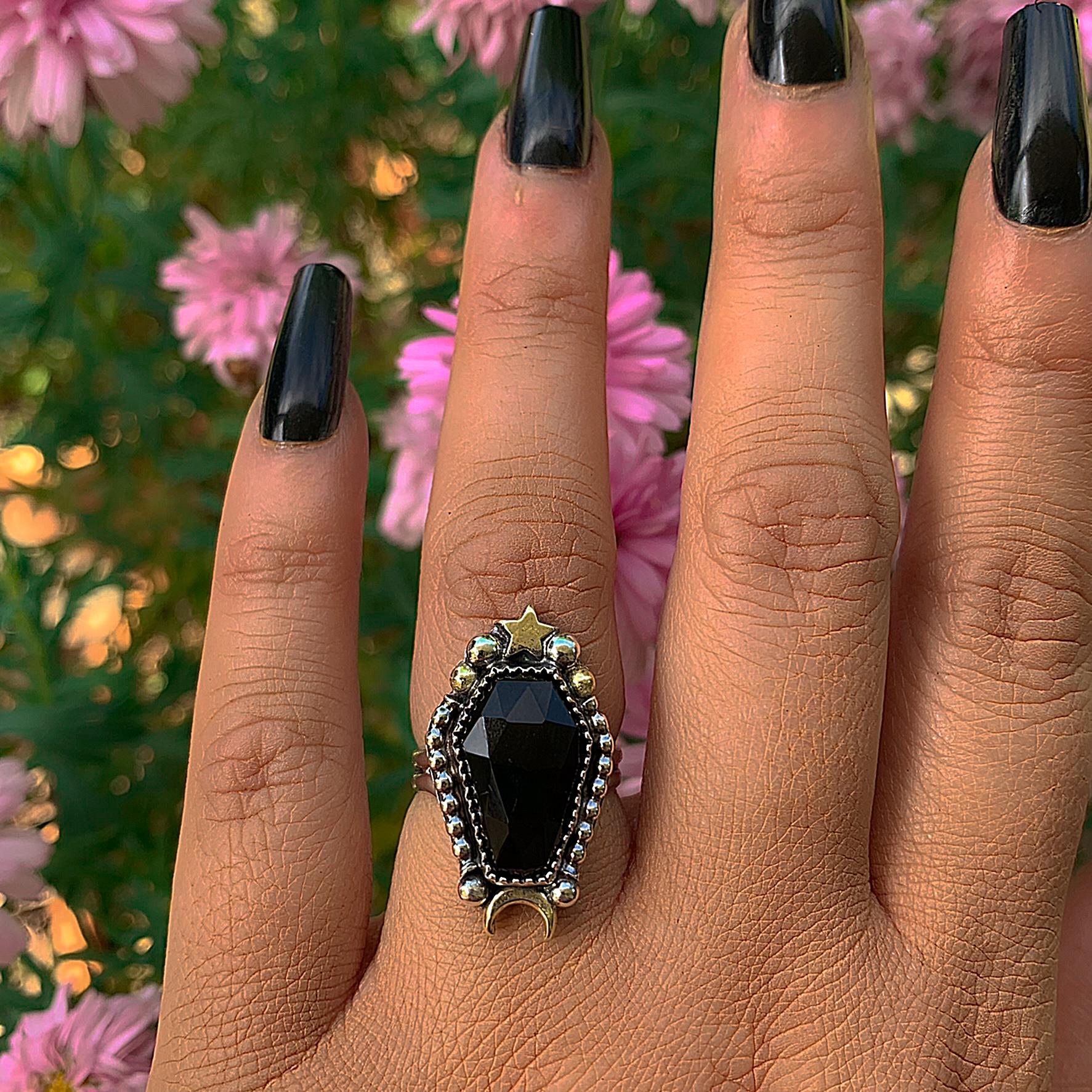 Rose Cut Black Onyx Coffin Ring - Size 6 - Sterling Silver - Halloween Jewellery - Faceted Onyx Crescent Moon - Witch Gothic Stone