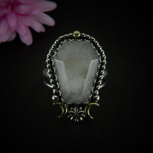 Rose Quartz Coffin Ring - Size 9 1/4 to 9 1/2 - Sterling Silver - Halloween Jewelry - Faceted Crescent Moon, Witch Gothic Flower Triple Band