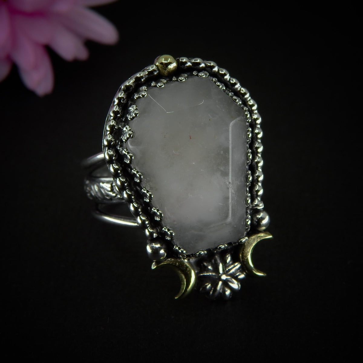 Rose Quartz Coffin Ring - Size 9 1/4 to 9 1/2 - Sterling Silver - Halloween Jewelry - Faceted Crescent Moon, Witch Gothic Flower Triple Band