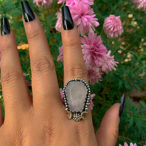 Rose Quartz Coffin Ring - Size 9 1/4 to 9 1/2 - Sterling Silver - Halloween Jewelry - Faceted Crescent Moon, Witch Gothic Flower Triple Band