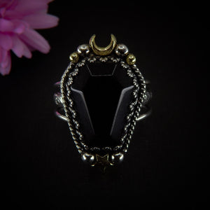 Black Onyx Coffin Ring - Size 11 1/4 to 11 1/2 - Sterling Silver - Halloween Jewellery - Onyx Crescent Moon, Witch Gothic Star OOAK Handmade