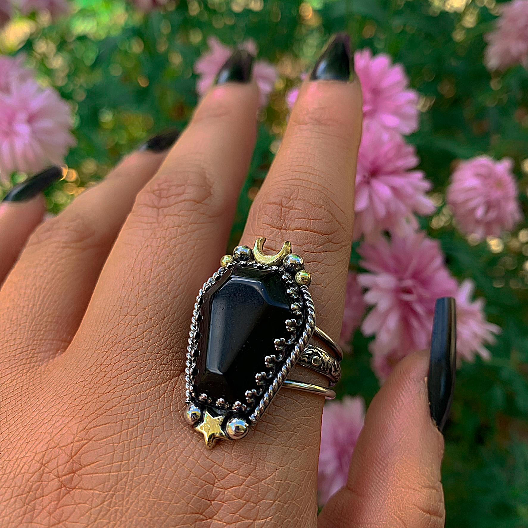 Black Onyx Coffin Ring - Size 11 1/4 to 11 1/2 - Sterling Silver - Halloween Jewellery - Onyx Crescent Moon, Witch Gothic Star OOAK Handmade