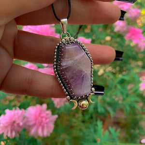 Amethyst Coffin Pendant - Triple Goddess - Sterling Silver - Halloween Jewelry - Crescent Moon & Star, Witch Gothic Cat Necklace Handcrafted