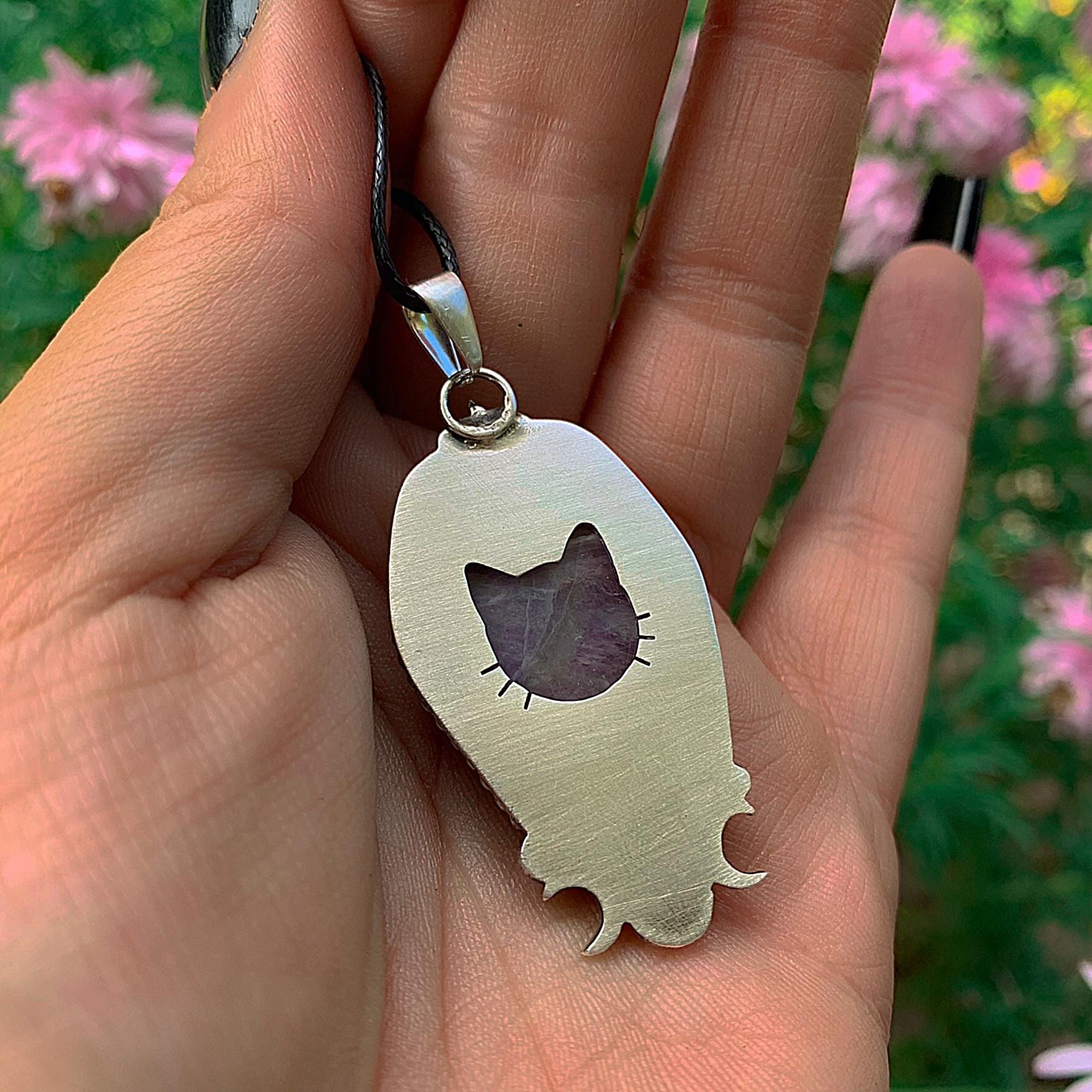 Amethyst Coffin Pendant - Triple Goddess - Sterling Silver - Halloween Jewelry - Crescent Moon & Star, Witch Gothic Cat Necklace Handcrafted
