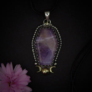 Amethyst Coffin Pendant - Triple Goddess - Sterling Silver - Halloween Jewelry - Crescent Moon & Star, Witch Gothic Cat Necklace Handcrafted