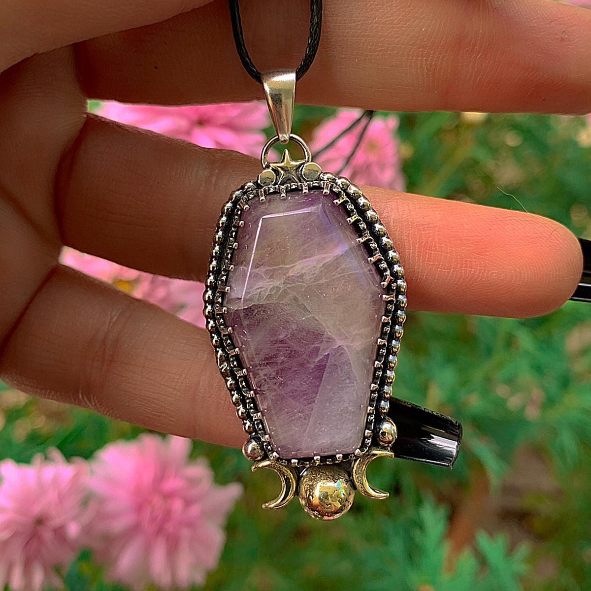 Amethyst Coffin Pendant - Triple Goddess - Sterling Silver - Halloween Jewelry - Crescent Moon & Star, Witch Gothic Cat Necklace Handcrafted