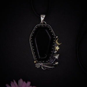 Black Onyx Coffin Pendant - Triple Goddess - Sterling Silver - Halloween Jewelry - Crescent Moon & Star, Witch Gothic Toadstool Necklace