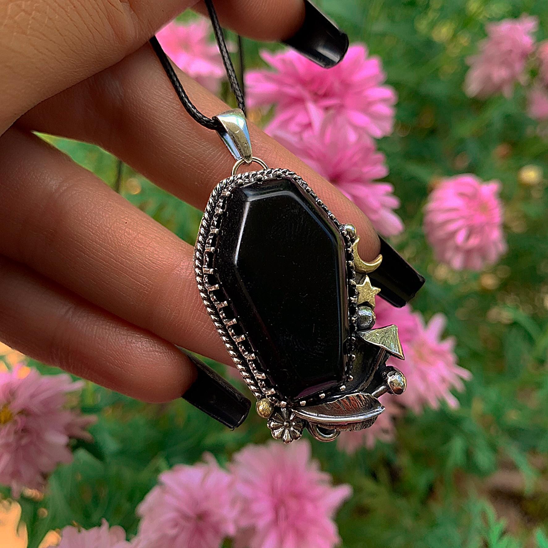Black Onyx Coffin Pendant - Triple Goddess - Sterling Silver - Halloween Jewelry - Crescent Moon & Star, Witch Gothic Toadstool Necklace