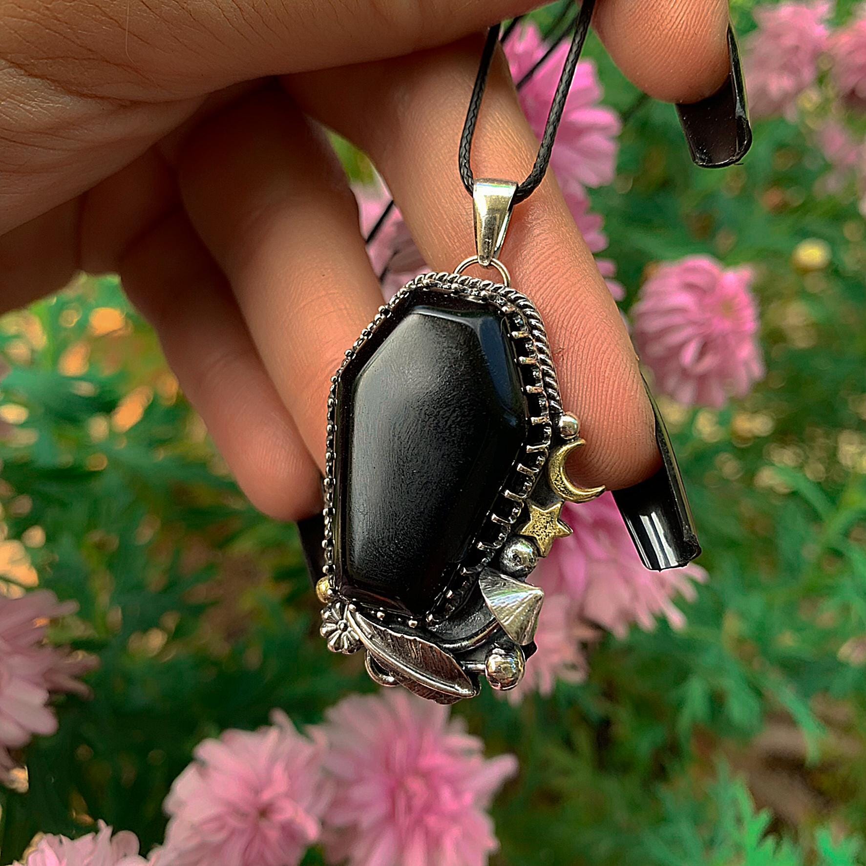 Black Onyx Coffin Pendant - Triple Goddess - Sterling Silver - Halloween Jewelry - Crescent Moon & Star, Witch Gothic Toadstool Necklace