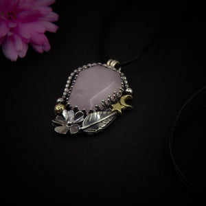 Rose Quartz Coffin Pendant - Sterling Silver - Halloween Jewelry - Crescent Moon & Star - Witch Gothic Flower Leaf - Wiccan Romantic OOAK