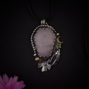 Rose Quartz Coffin Pendant - Sterling Silver - Halloween Jewelry - Crescent Moon & Star - Witch Gothic Flower Leaf - Wiccan Romantic OOAK