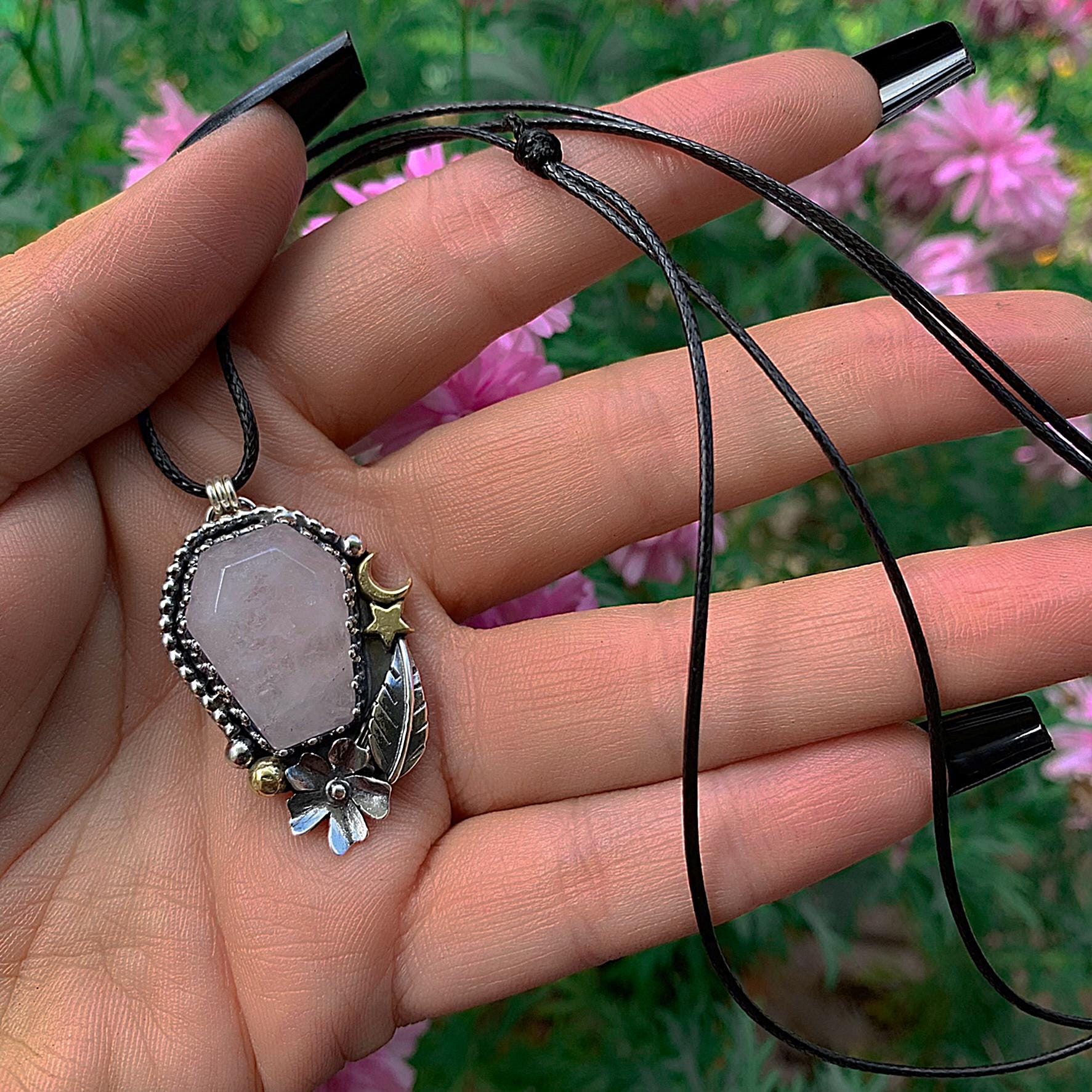 Rose Quartz Coffin Pendant - Sterling Silver - Halloween Jewelry - Crescent Moon & Star - Witch Gothic Flower Leaf - Wiccan Romantic OOAK