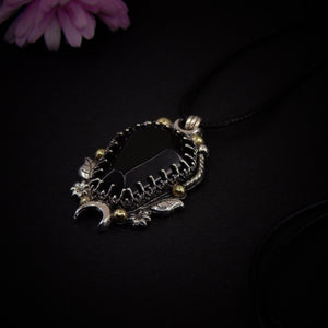 Black Onyx Coffin Pendant - Sterling Silver - Halloween Jewelry - Crescent Moon & Bat - Witch Gothic Leaf and Flower - Mixed Metal Wiccan