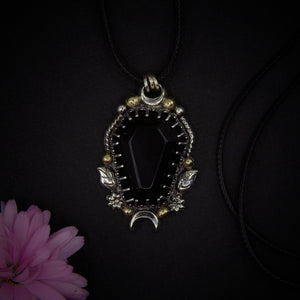 Black Onyx Coffin Pendant - Sterling Silver - Halloween Jewelry - Crescent Moon & Bat - Witch Gothic Leaf and Flower - Mixed Metal Wiccan