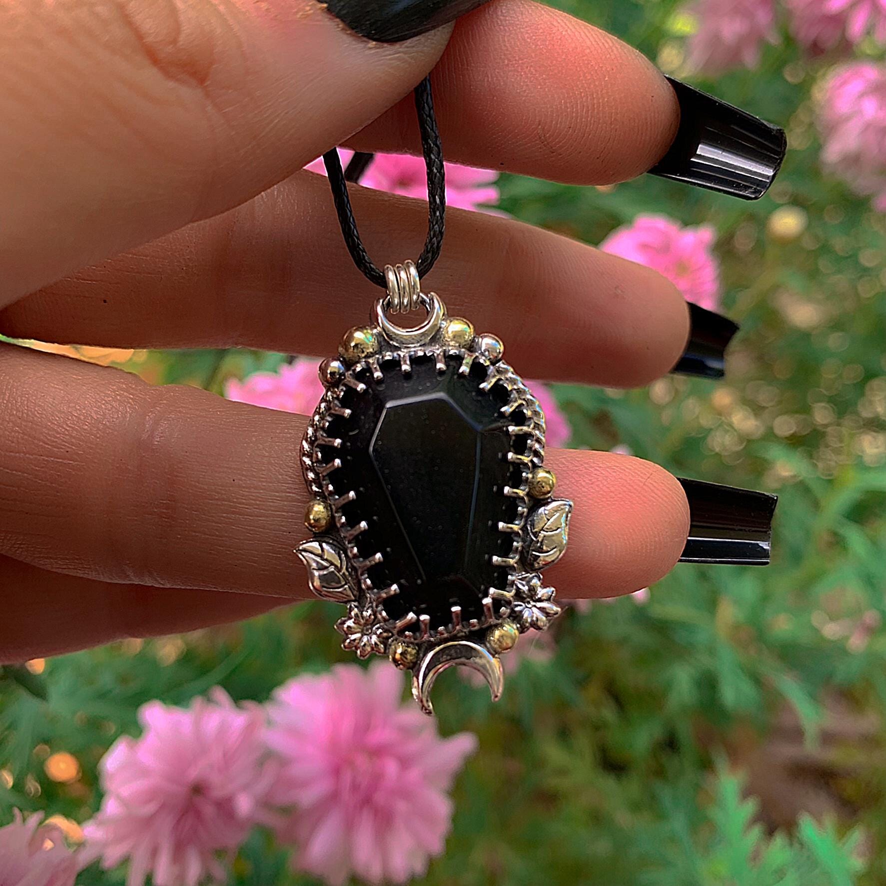 Black Onyx Coffin Pendant - Sterling Silver - Halloween Jewelry - Crescent Moon & Bat - Witch Gothic Leaf and Flower - Mixed Metal Wiccan