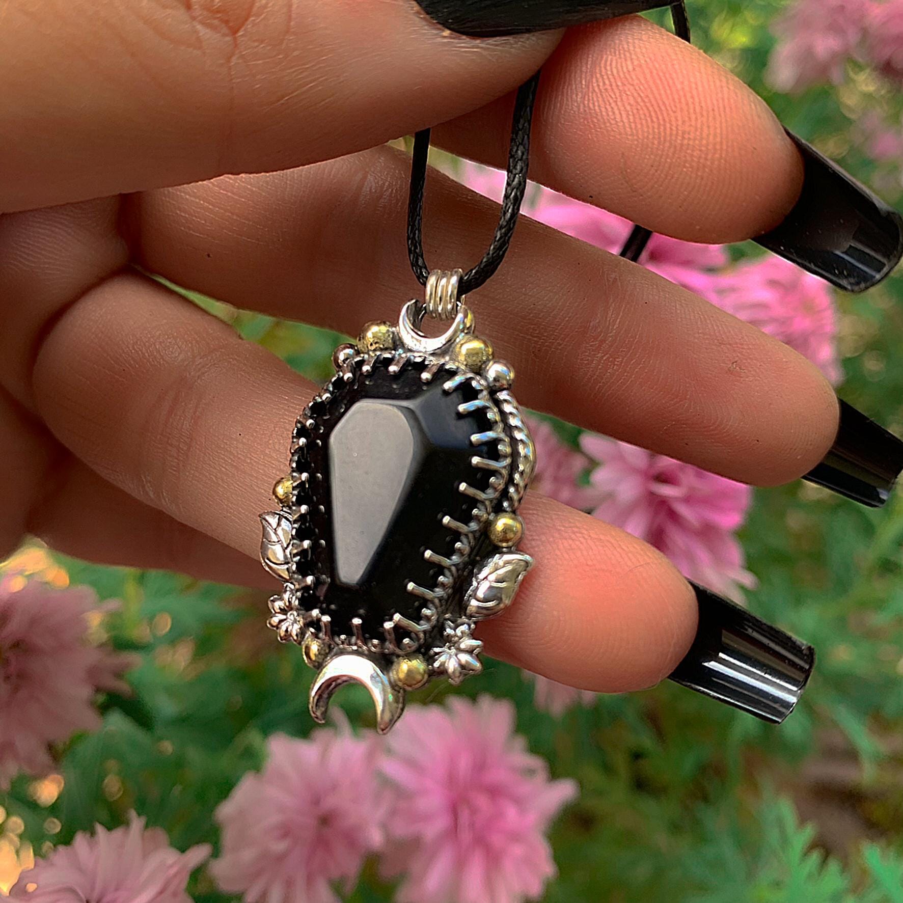 Black Onyx Coffin Pendant - Sterling Silver - Halloween Jewelry - Crescent Moon & Bat - Witch Gothic Leaf and Flower - Mixed Metal Wiccan