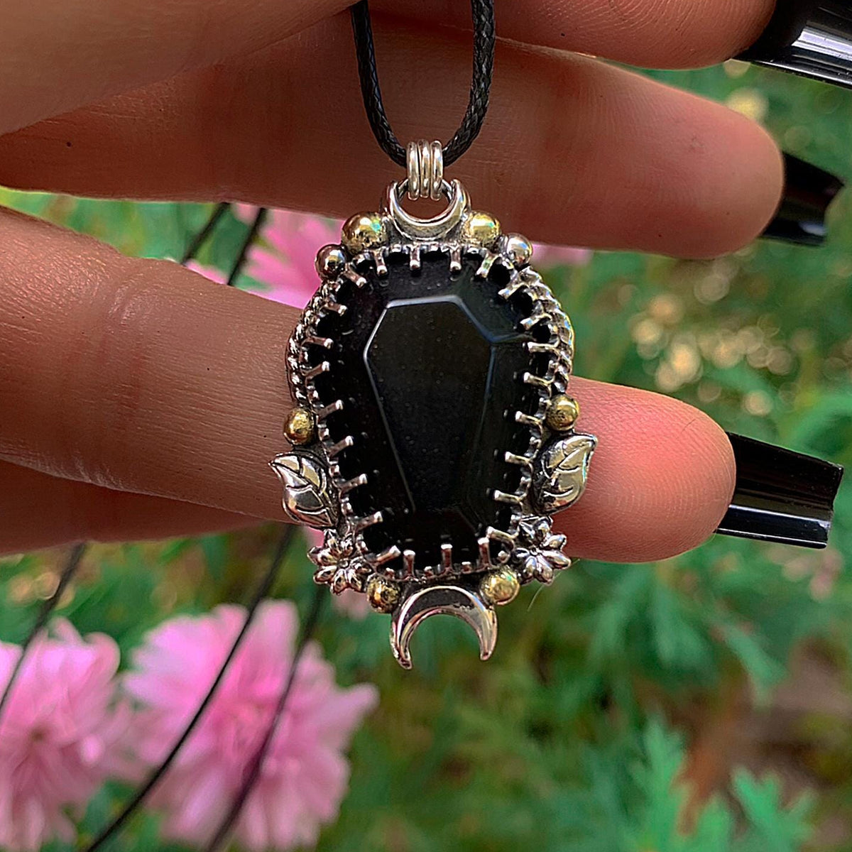 Black Onyx Coffin Pendant - Sterling Silver - Halloween Jewelry - Crescent Moon & Bat - Witch Gothic Leaf and Flower - Mixed Metal Wiccan