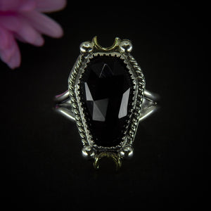 Rose Cut Black Onyx Coffin Ring - Size 8 to 8 1/4 - Sterling Silver - Halloween Jewellery - Faceted Onyx Crescent Moon - Witch Gothic Stone