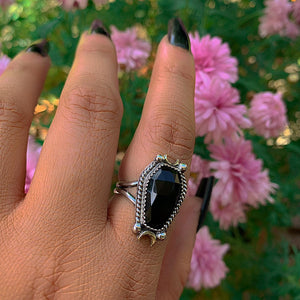 Rose Cut Black Onyx Coffin Ring - Size 8 to 8 1/4 - Sterling Silver - Halloween Jewellery - Faceted Onyx Crescent Moon - Witch Gothic Stone