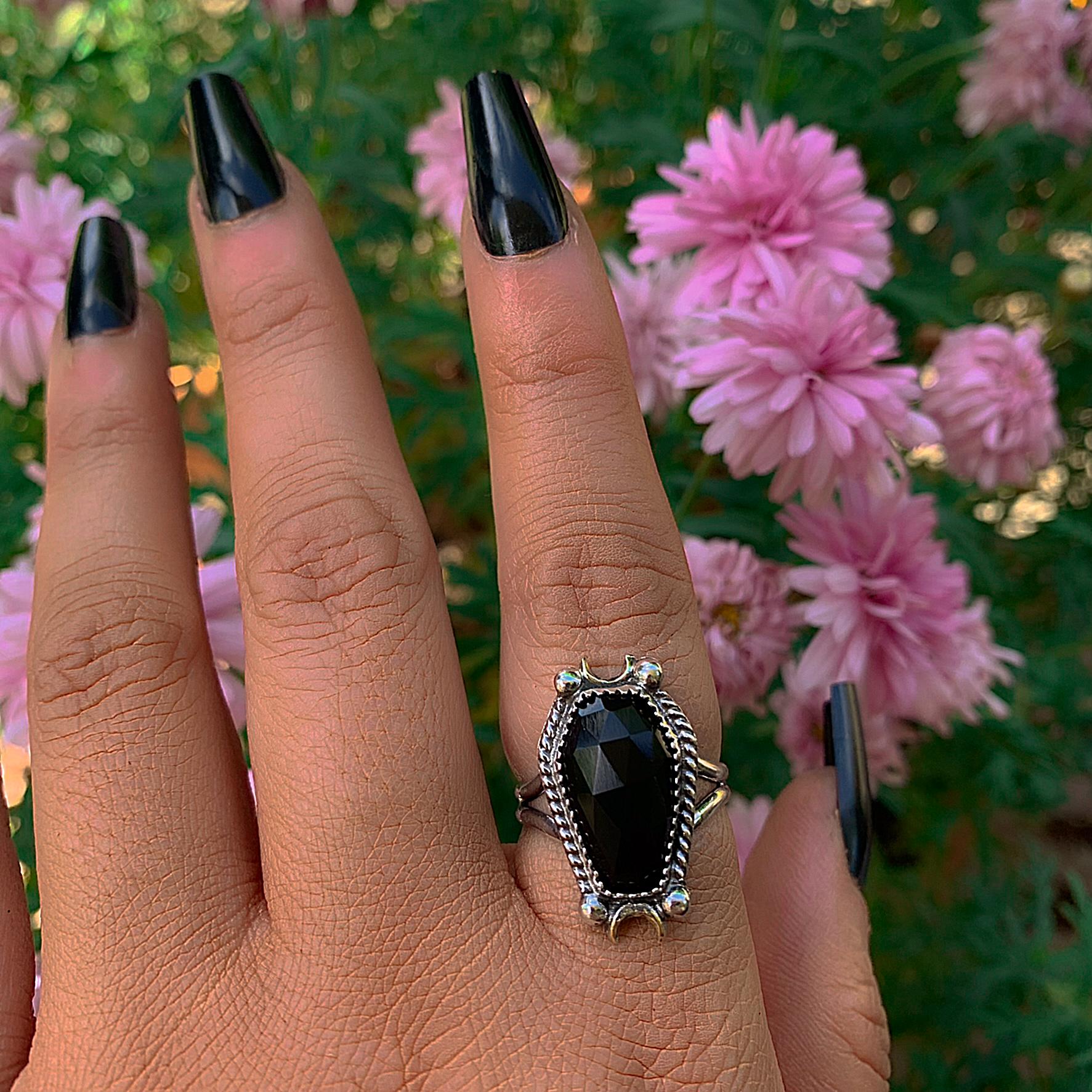 Rose Cut Black Onyx Coffin Ring - Size 8 to 8 1/4 - Sterling Silver - Halloween Jewellery - Faceted Onyx Crescent Moon - Witch Gothic Stone