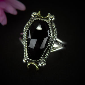 Rose Cut Black Onyx Coffin Ring - Size 8 to 8 1/4 - Sterling Silver - Halloween Jewellery - Faceted Onyx Crescent Moon - Witch Gothic Stone