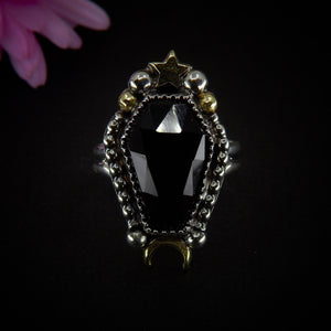 Rose Cut Black Onyx Coffin Ring - Size 6 - Sterling Silver - Halloween Jewellery - Faceted Onyx Crescent Moon - Witch Gothic Stone