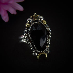 Rose Cut Black Onyx Coffin Ring - Size 6 - Sterling Silver - Halloween Jewellery - Faceted Onyx Crescent Moon - Witch Gothic Stone