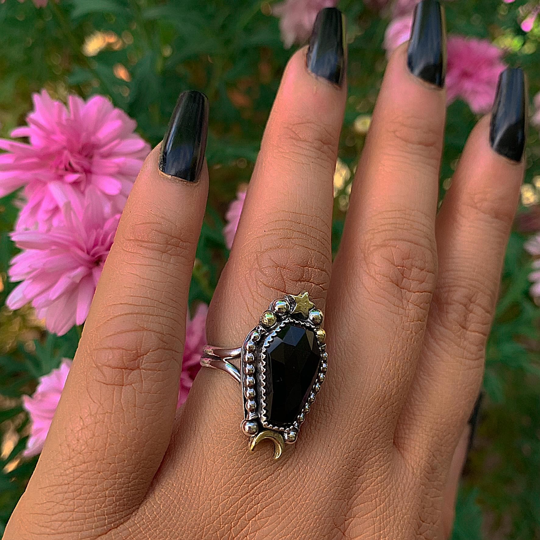 Rose Cut Black Onyx Coffin Ring - Size 6 - Sterling Silver - Halloween Jewellery - Faceted Onyx Crescent Moon - Witch Gothic Stone