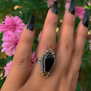 Rose Cut Black Onyx Coffin Ring - Size 6 - Sterling Silver - Halloween Jewellery - Faceted Onyx Crescent Moon - Witch Gothic Stone