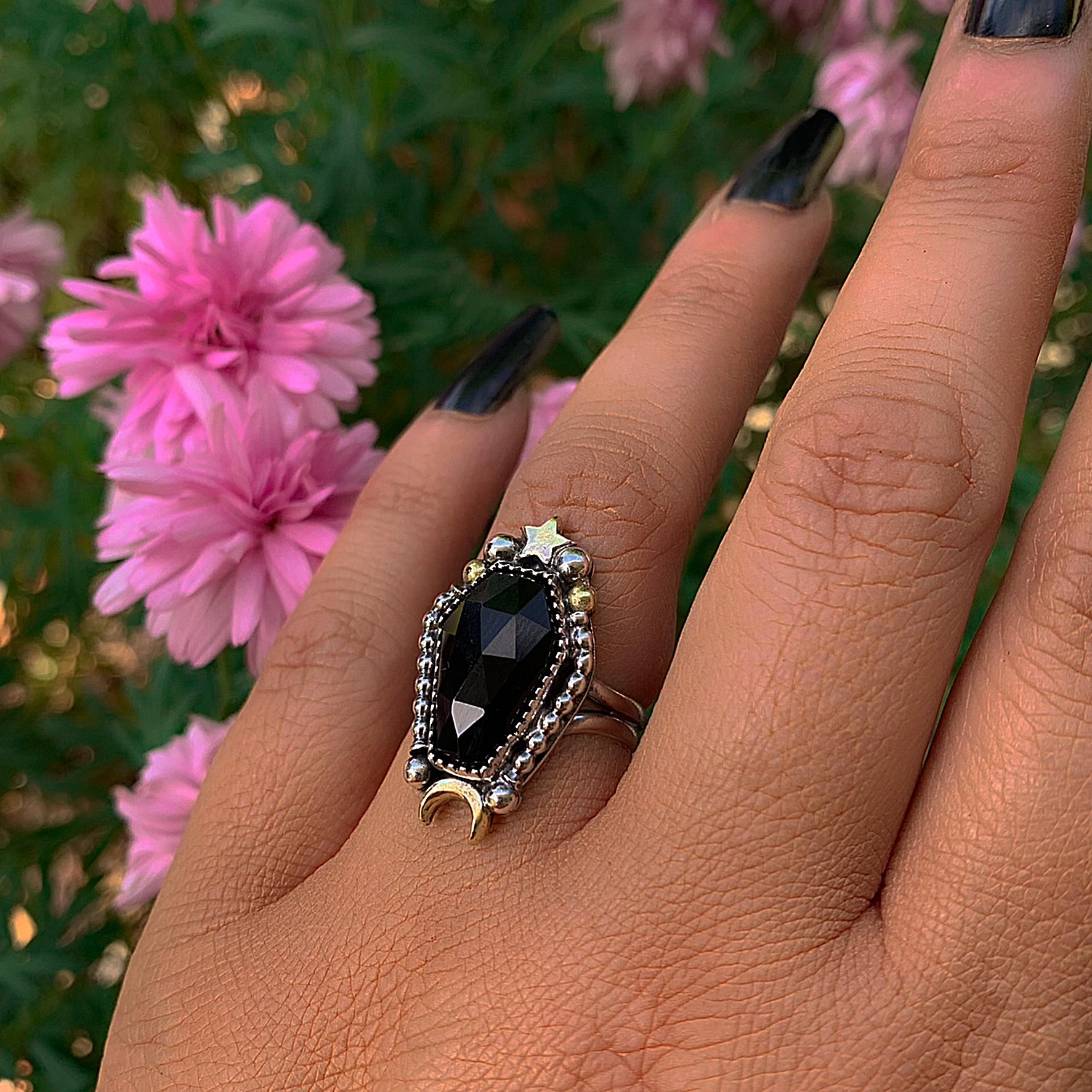 Rose Cut Black Onyx Coffin Ring - Size 6 - Sterling Silver - Halloween Jewellery - Faceted Onyx Crescent Moon - Witch Gothic Stone