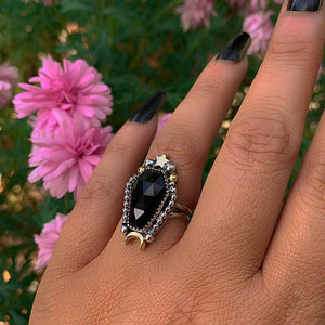 Rose Cut Black Onyx Coffin Ring - Size 6 - Sterling Silver - Halloween Jewellery - Faceted Onyx Crescent Moon - Witch Gothic Stone
