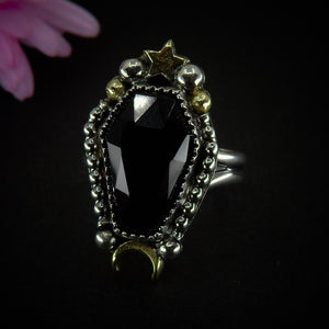 Rose Cut Black Onyx Coffin Ring - Size 6 - Sterling Silver - Halloween Jewellery - Faceted Onyx Crescent Moon - Witch Gothic Stone