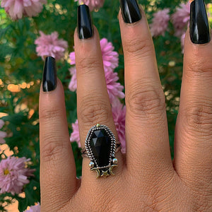 Rose Cut Black Onyx Coffin Ring - Size 7 1/4 to 7 1/2 - Sterling Silver - Halloween Jewellery - Faceted Onyx Crescent Moon - Witch Gothic