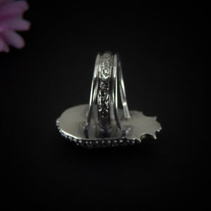 Rose Quartz Coffin Ring - Size 9 1/4 to 9 1/2 - Sterling Silver - Halloween Jewelry - Faceted Crescent Moon, Witch Gothic Flower Triple Band