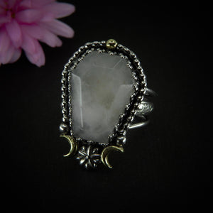 Rose Quartz Coffin Ring - Size 9 1/4 to 9 1/2 - Sterling Silver - Halloween Jewelry - Faceted Crescent Moon, Witch Gothic Flower Triple Band