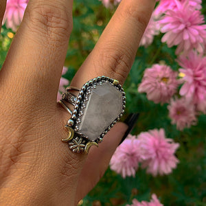 Rose Quartz Coffin Ring - Size 9 1/4 to 9 1/2 - Sterling Silver - Halloween Jewelry - Faceted Crescent Moon, Witch Gothic Flower Triple Band
