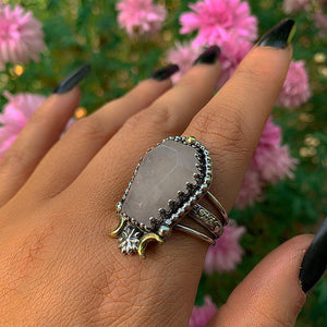 Rose Quartz Coffin Ring - Size 9 1/4 to 9 1/2 - Sterling Silver - Halloween Jewelry - Faceted Crescent Moon, Witch Gothic Flower Triple Band