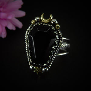 Black Onyx Coffin Ring - Size 11 1/4 to 11 1/2 - Sterling Silver - Halloween Jewellery - Onyx Crescent Moon, Witch Gothic Star OOAK Handmade
