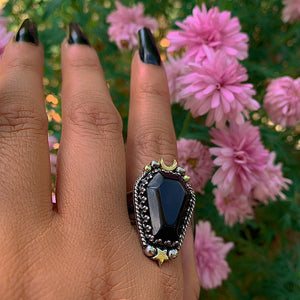 Black Onyx Coffin Ring - Size 11 1/4 to 11 1/2 - Sterling Silver - Halloween Jewellery - Onyx Crescent Moon, Witch Gothic Star OOAK Handmade