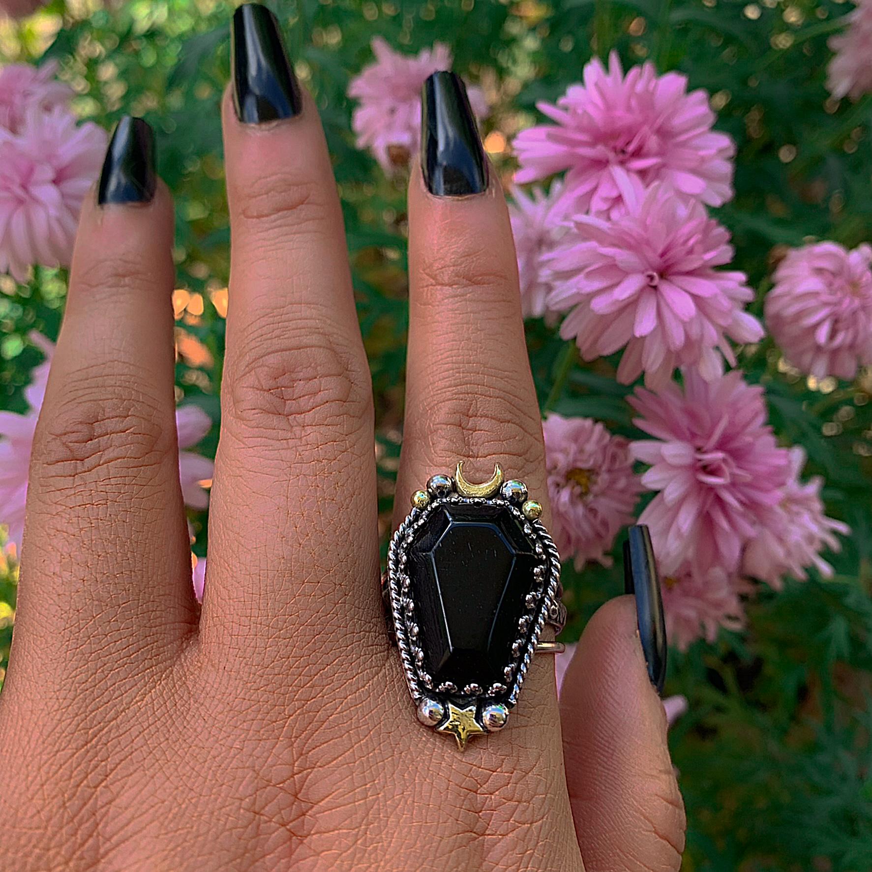 Black Onyx Coffin Ring - Size 11 1/4 to 11 1/2 - Sterling Silver - Halloween Jewellery - Onyx Crescent Moon, Witch Gothic Star OOAK Handmade