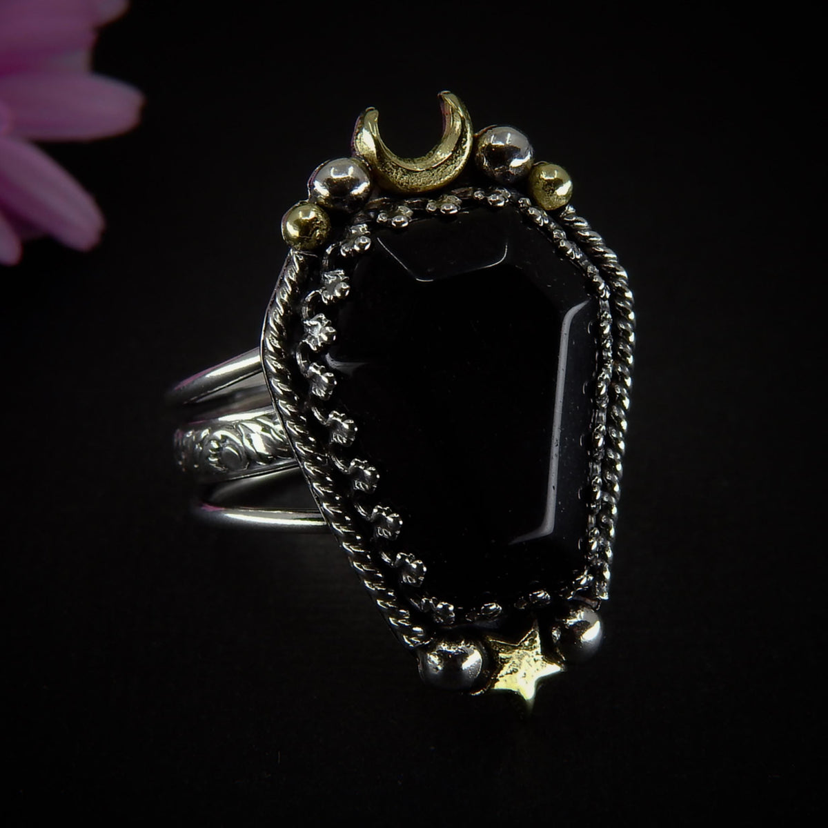 Black Onyx Coffin Ring - Size 11 1/4 to 11 1/2 - Sterling Silver - Halloween Jewellery - Onyx Crescent Moon, Witch Gothic Star OOAK Handmade