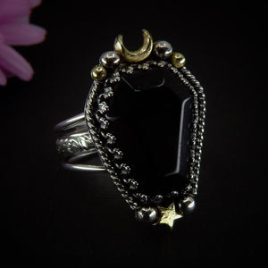 Black Onyx Coffin Ring - Size 11 1/4 to 11 1/2 - Sterling Silver - Halloween Jewellery - Onyx Crescent Moon, Witch Gothic Star OOAK Handmade