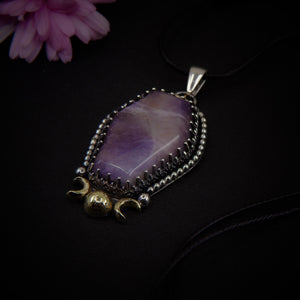 Amethyst Coffin Pendant - Triple Goddess - Sterling Silver - Halloween Jewelry - Crescent Moon & Star, Witch Gothic Cat Necklace Handcrafted
