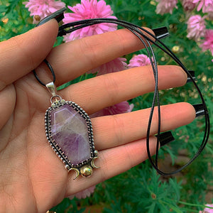 Amethyst Coffin Pendant - Triple Goddess - Sterling Silver - Halloween Jewelry - Crescent Moon & Star, Witch Gothic Cat Necklace Handcrafted