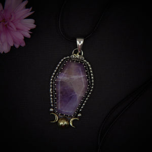 Amethyst Coffin Pendant - Triple Goddess - Sterling Silver - Halloween Jewelry - Crescent Moon & Star, Witch Gothic Cat Necklace Handcrafted