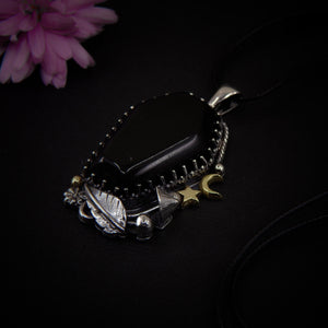 Black Onyx Coffin Pendant - Triple Goddess - Sterling Silver - Halloween Jewelry - Crescent Moon & Star, Witch Gothic Toadstool Necklace