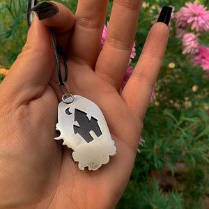 Black Onyx Coffin Pendant - Triple Goddess - Sterling Silver - Halloween Jewelry - Crescent Moon & Star, Witch Gothic Toadstool Necklace