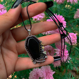 Black Onyx Coffin Pendant - Triple Goddess - Sterling Silver - Halloween Jewelry - Crescent Moon & Star, Witch Gothic Toadstool Necklace
